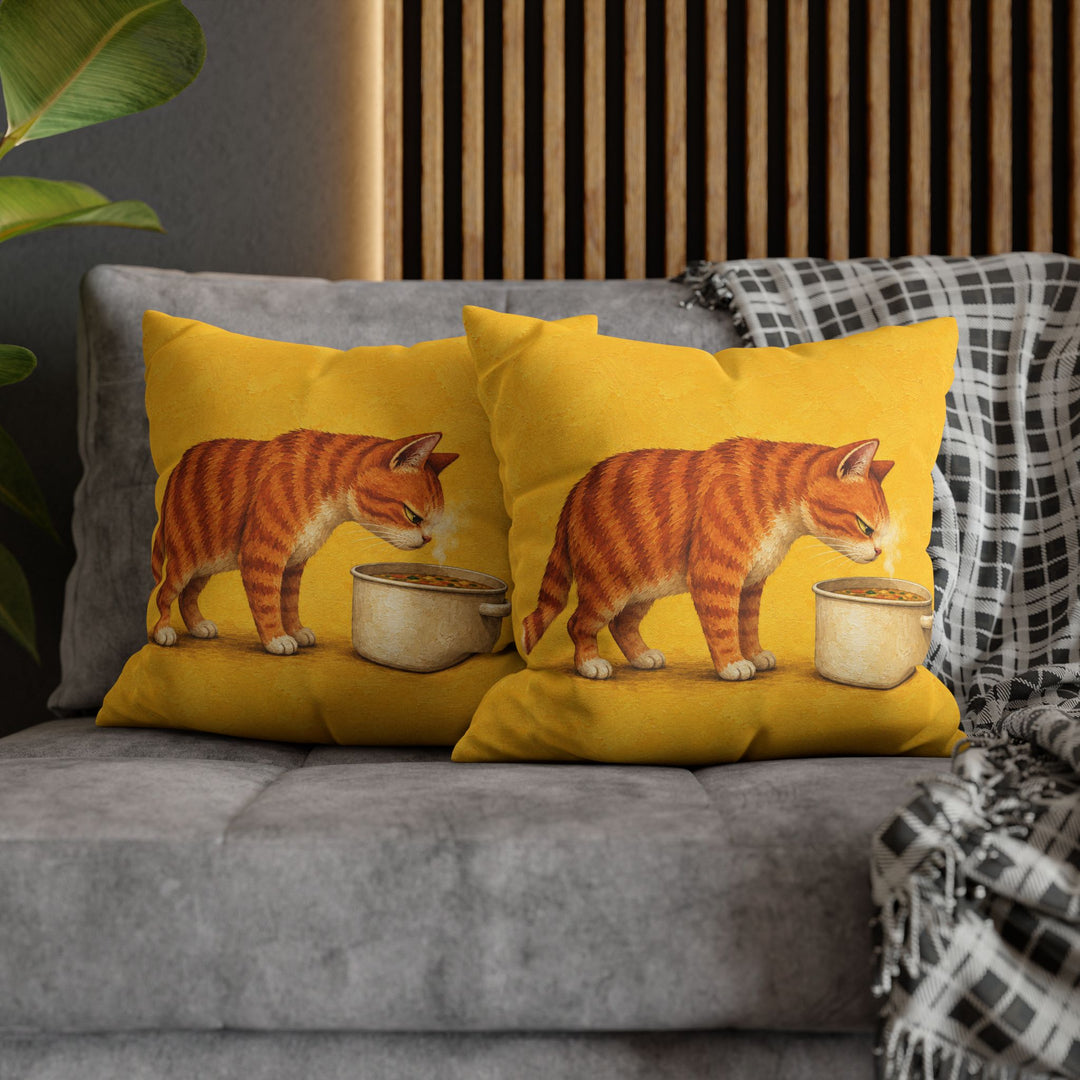 Soup Critic – Funny Kitchen Art with a Cat Above the Steaming Pot – Pillow / Cover