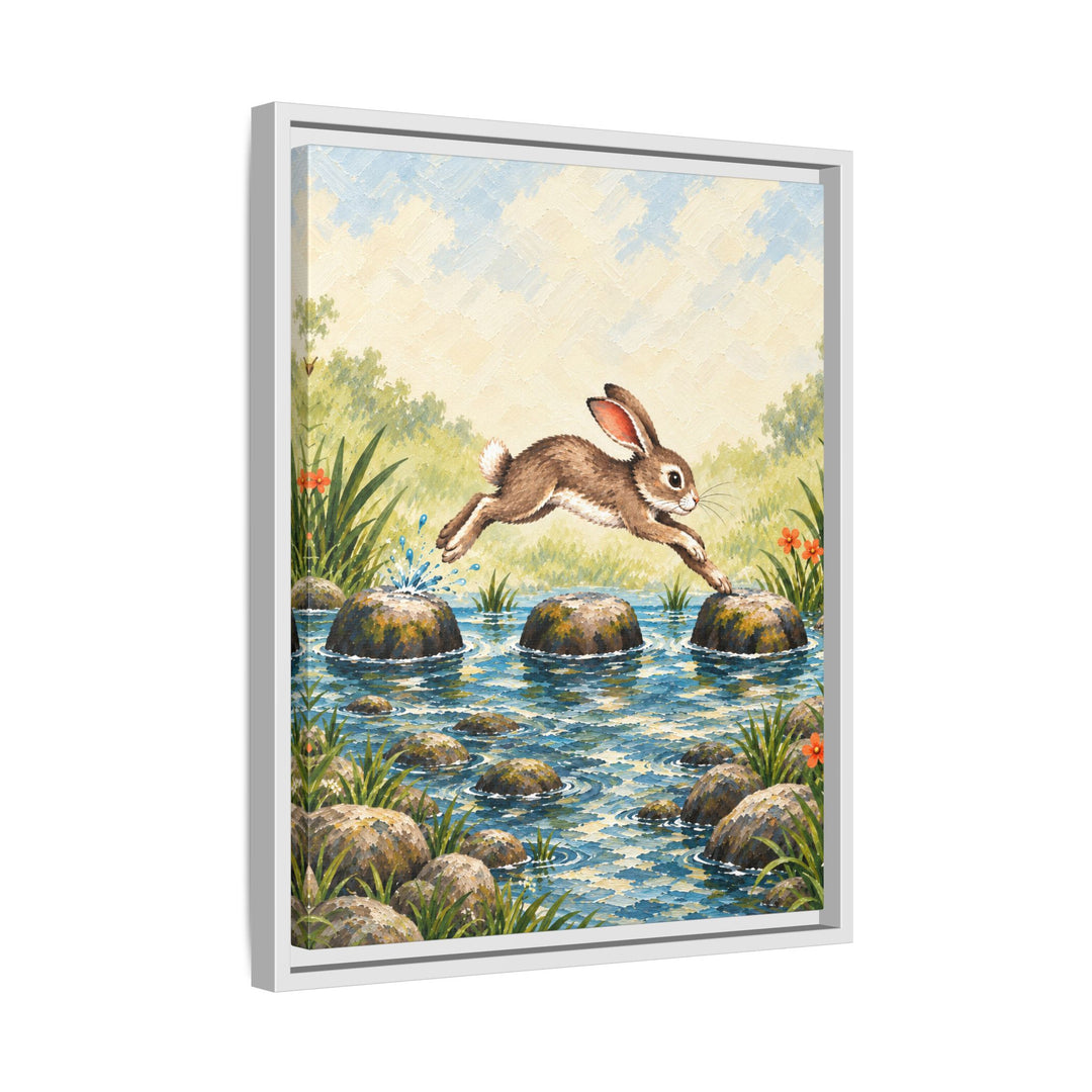 Stepping Stones – Nursery Wall Decor with a Playful Hare in Motion – Canvas / Framed Canvas