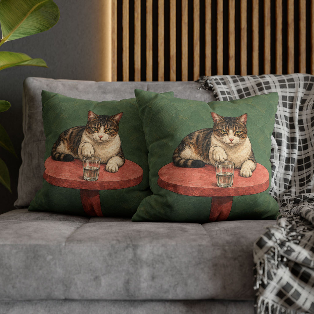 The Gravity Test – Funny Cat Art with a Paw Above the Table Edge – Pillow / Cover