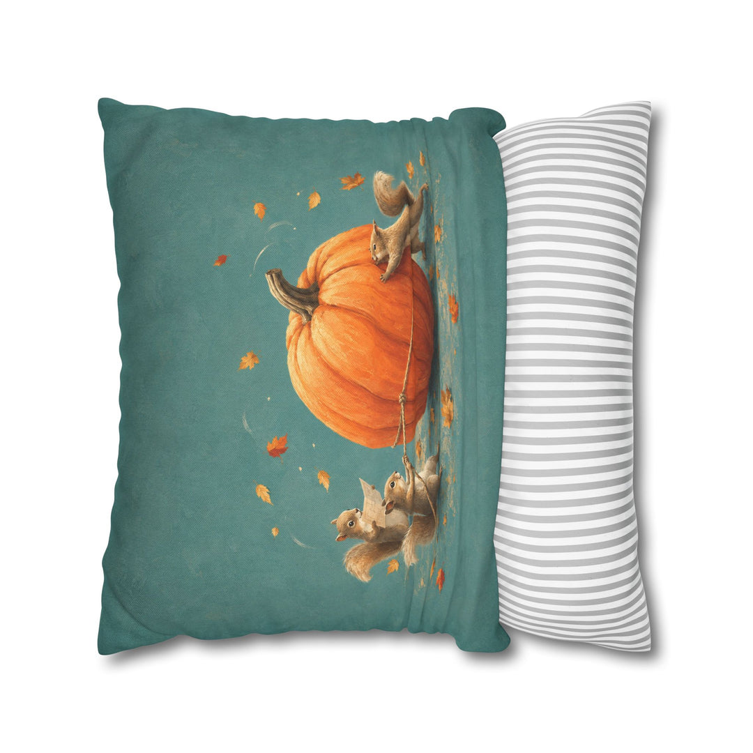 Pumpkin Logistics – Squirrel Art with a Team Rolling One Giant Gourd – Pillow / Cover