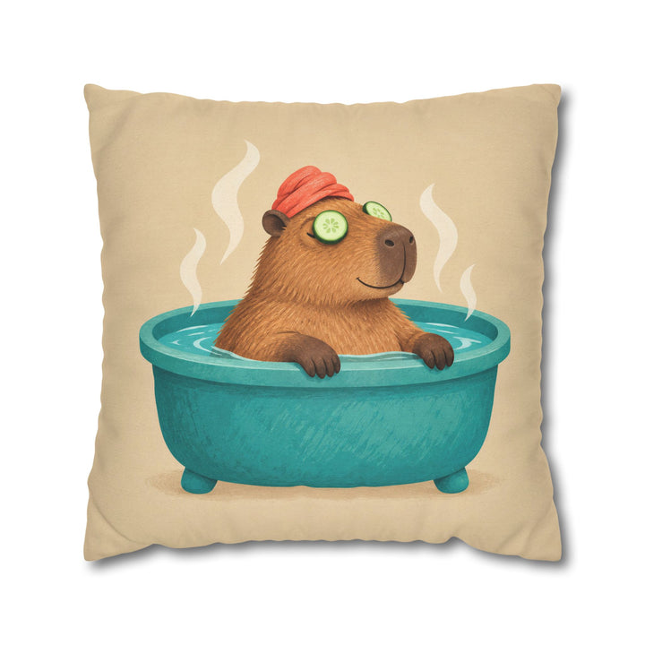 The Deep Soak – Capybara Wall Art in a Steaming Spa Bath – Pillow / Cover