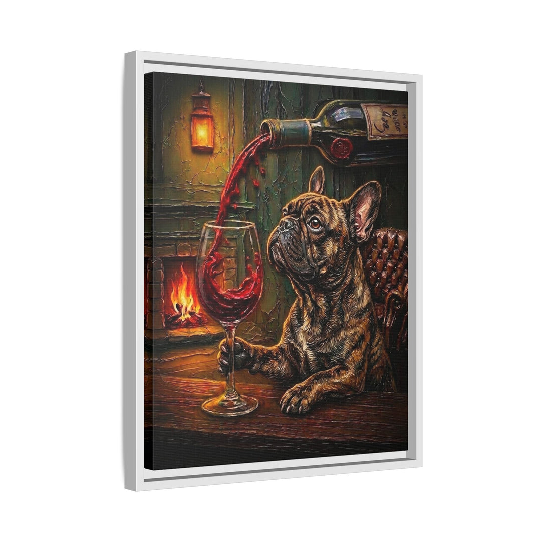 "Wine & Woof" - French Bulldog Vertical Framed Canvas - Dog Lover Wall Art