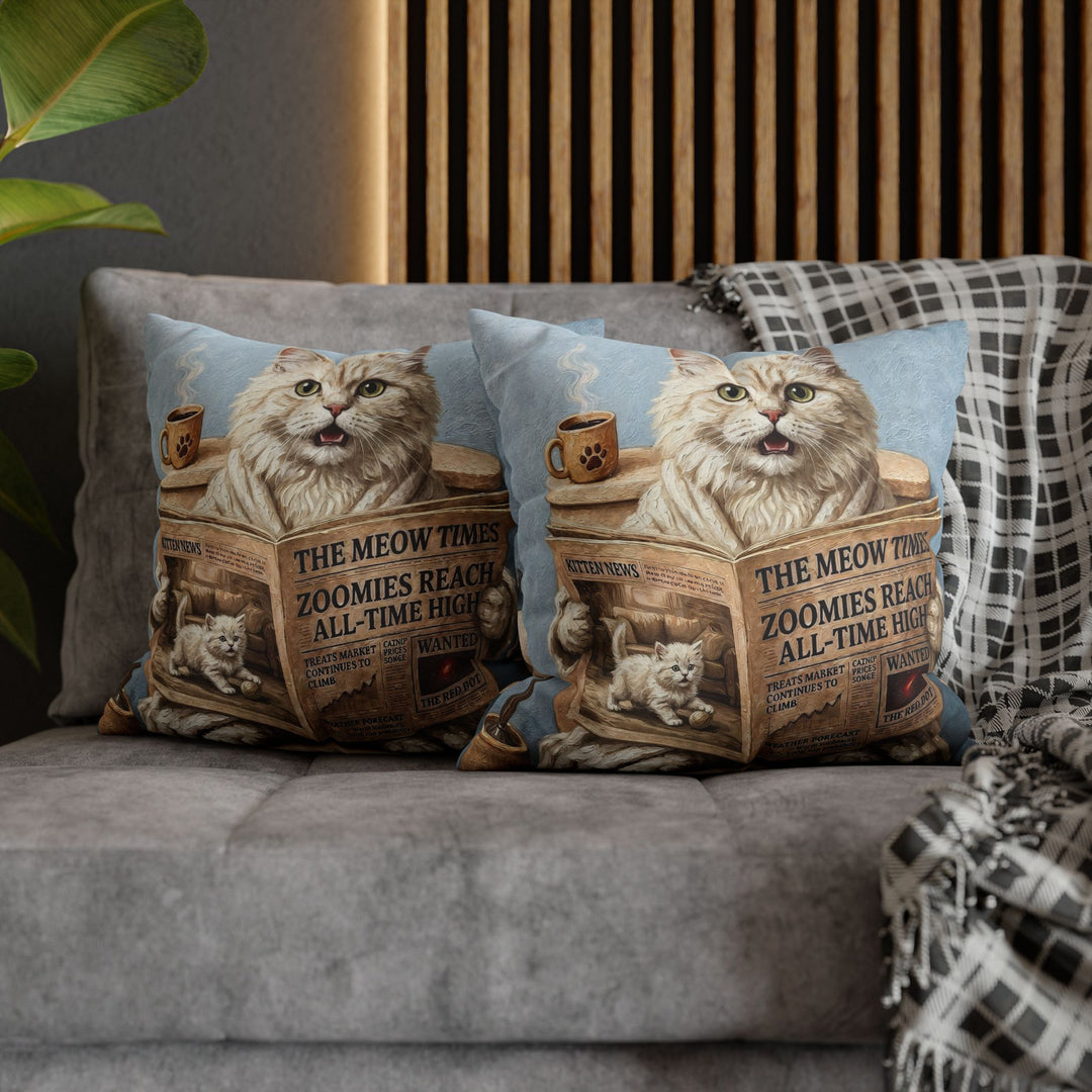 "Morning Business" - Fluffy White Cream Longhair Throw Pillow - Cat Lover Home Decor