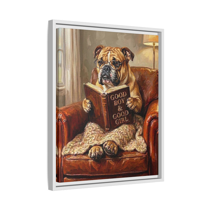 "Evening Read" - English Bulldog Vertical Framed Canvas - Dog Lover Wall Art