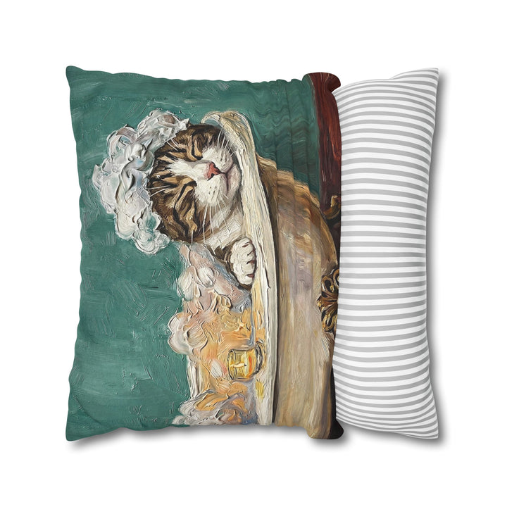 "Spa Day" - Brown Tabby & White Throw Pillow - Cat Lover Home Decor