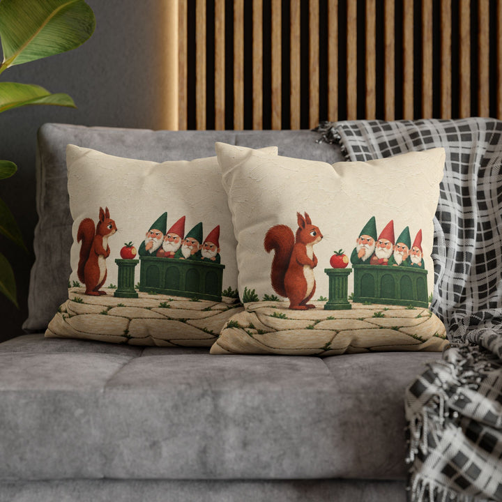 The Tomato Trials – Garden Wall Art with a Squirrel Before a Gnome Jury – Pillow / Cover