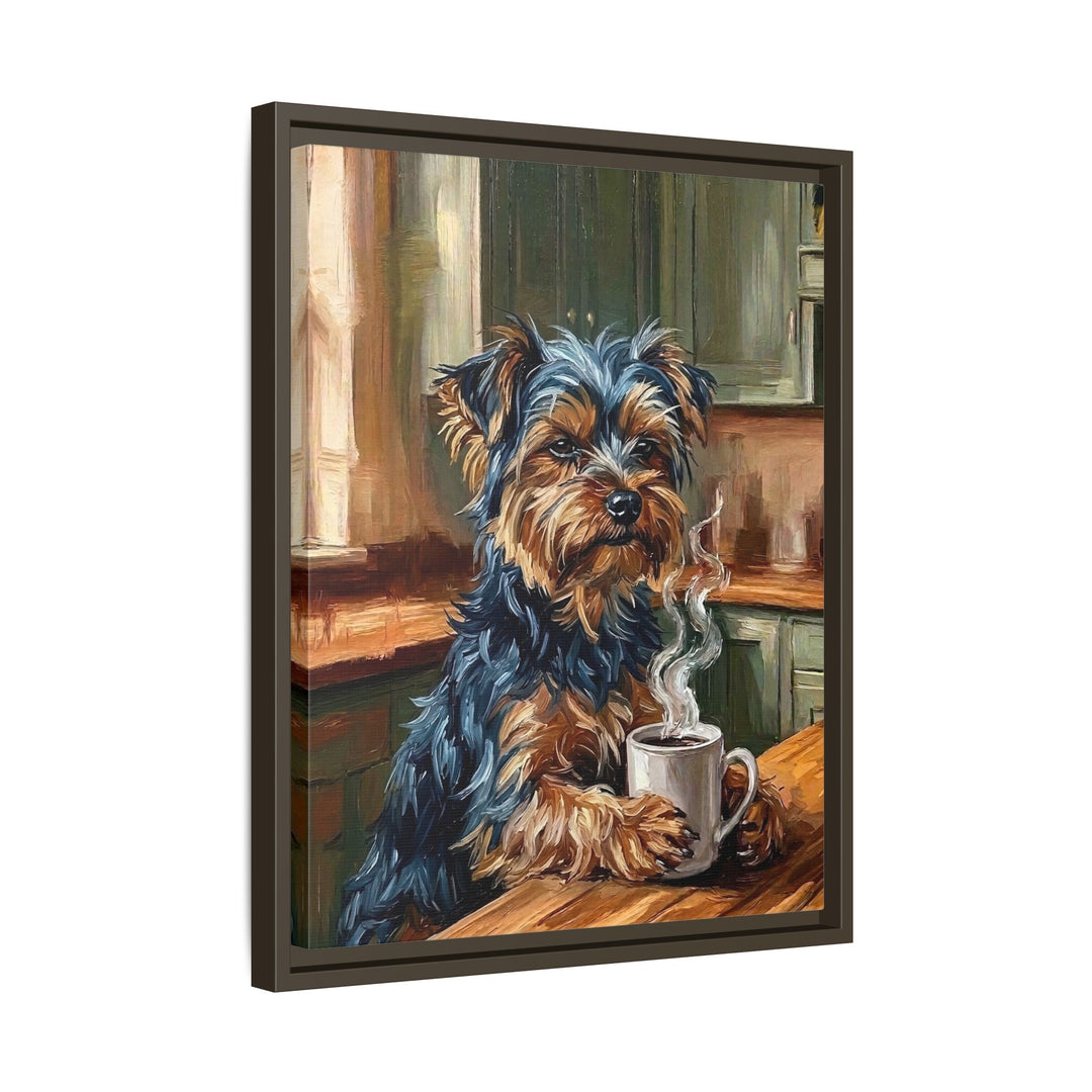 "Before Coffee" - Yorkie Vertical Framed Canvas - Dog Lover Wall Art