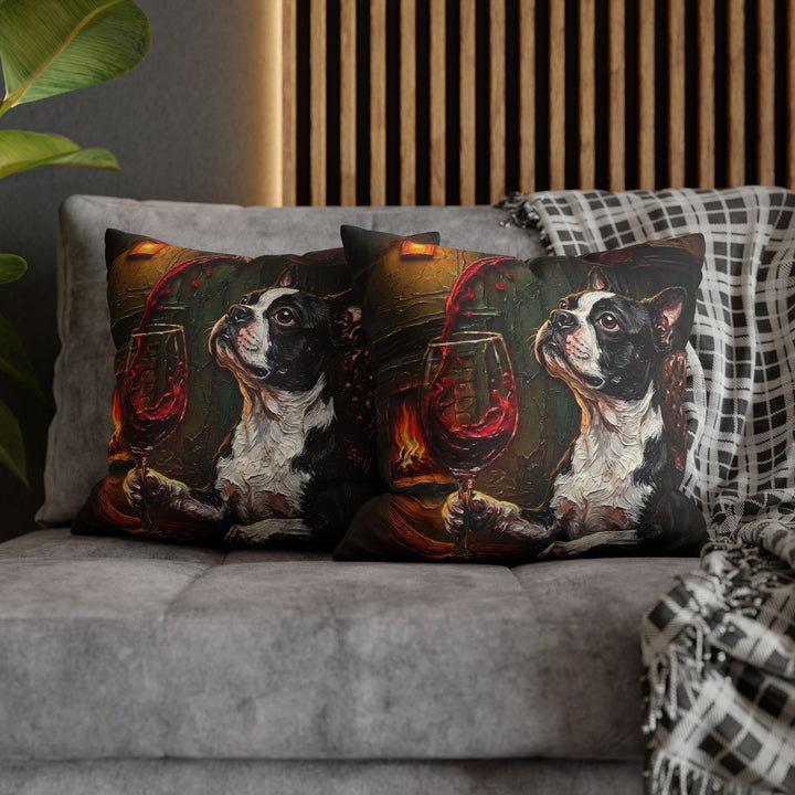 "Wine & Woof" - Boston Terrier Pillow Cover - Dog Lover Home Decor