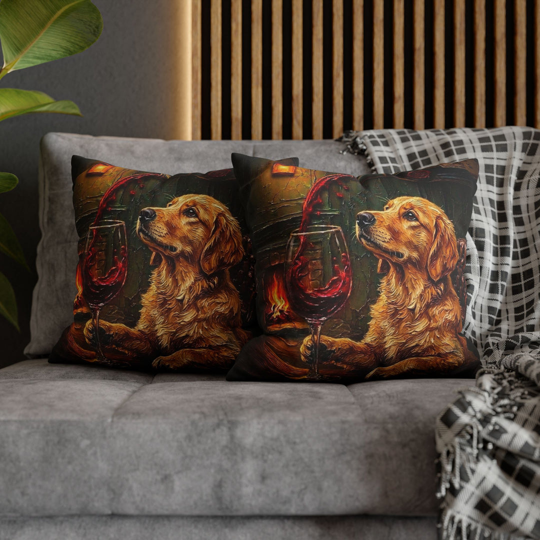 "Wine & Woof" - Golden Retriever Throw Pillow - Dog Lover Home Decor