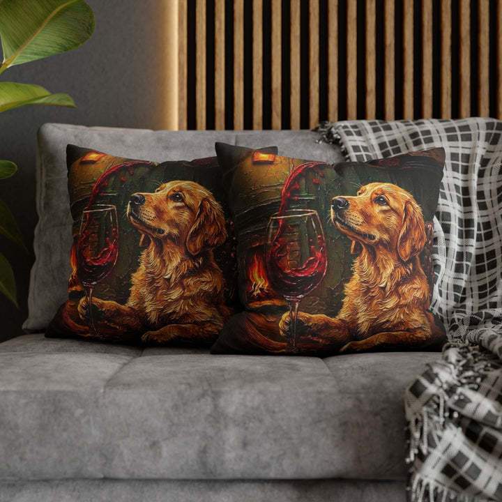 "Wine & Woof" - Golden Retriever Throw Pillow - Dog Lover Home Decor