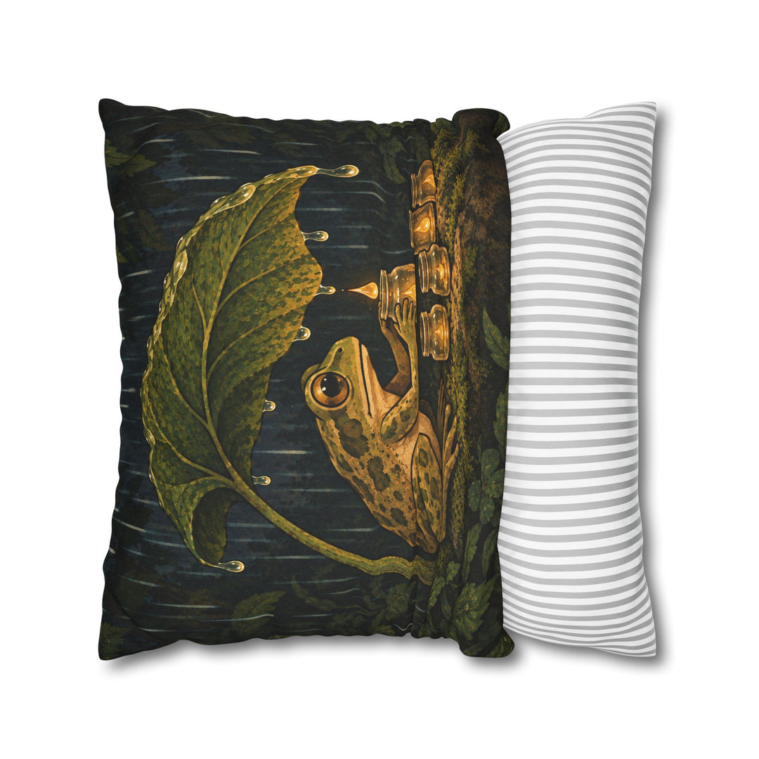 The Rain Collector – Cottagecore Decor with a Frog Tending Tiny Jars – Pillow / Cover