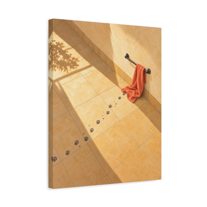 Evidence – Cat Bathroom Art with Wet Prints Across the Tiles – Canvas / Framed Canvas