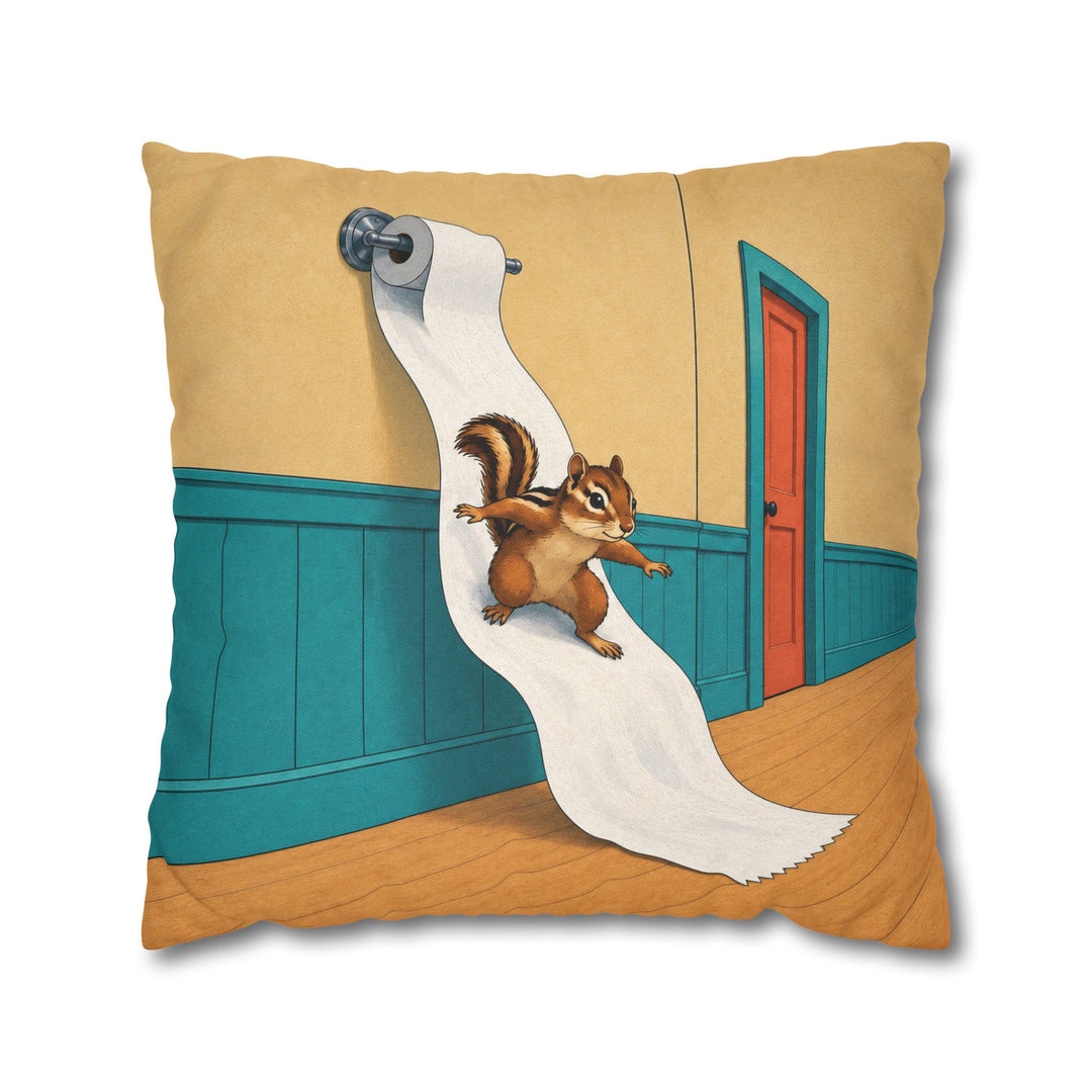 The Great Unroll – Funny Toilet Art with a Chipmunk Riding the Roll – Pillow / Cover