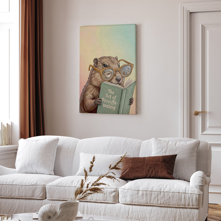 "The Art of Procaffeinating" - Marmot Vertical Canvas - Animal Book Humor Wall Art