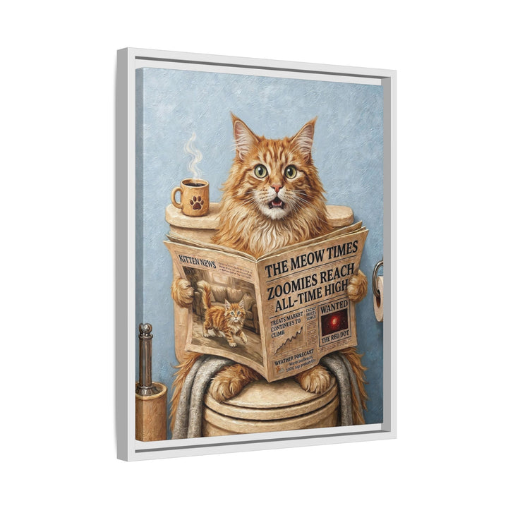 "Morning Business" - Fluffy Orange Longhair Vertical Framed Canvas - Cat Lover Wall Art