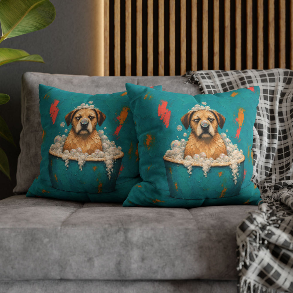 Bubble Trouble – Funny Bathroom Wall Art with a Soggy Dog in the Tub – Pillow / Cover