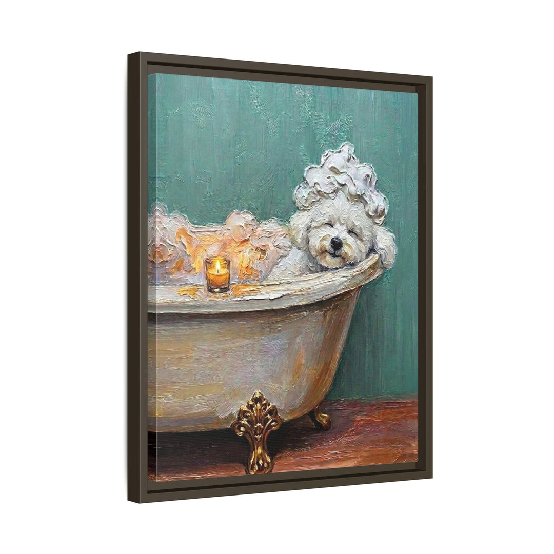 "Spa Day" - Bichon Frise Vertical Framed Canvas - Dog Lover Wall Art