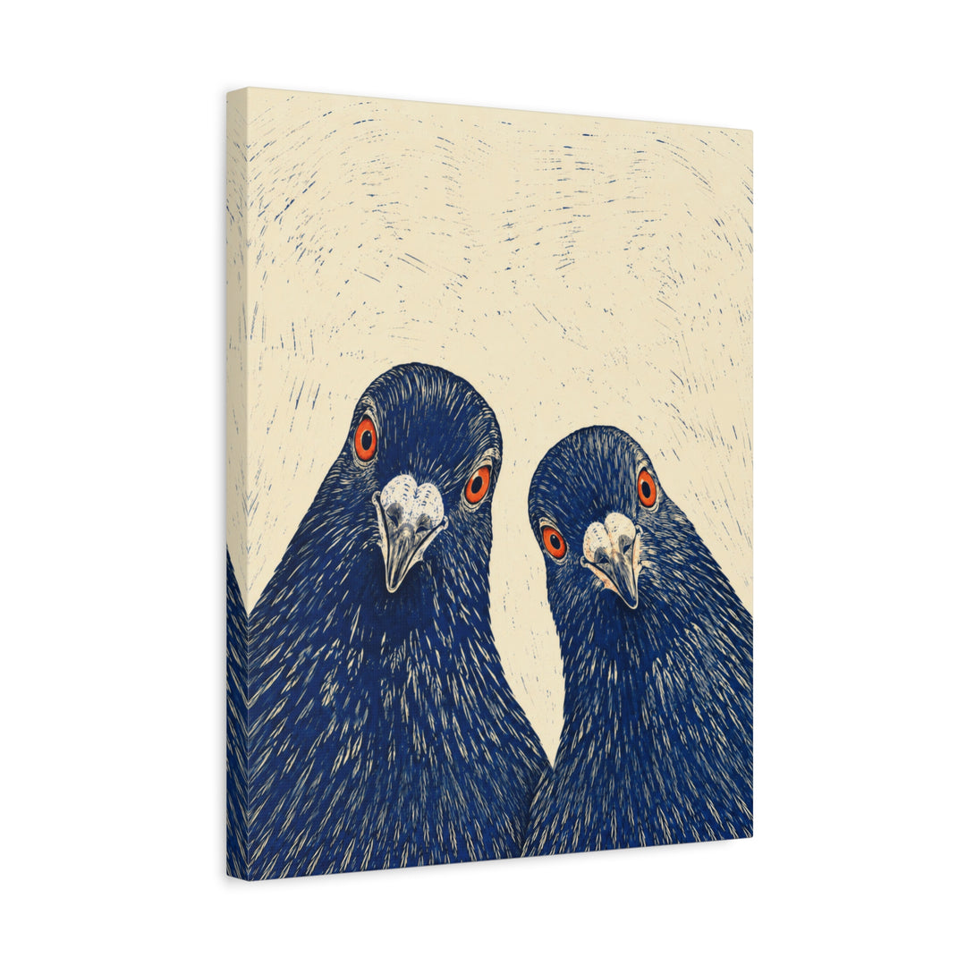 The Committee – Linocut Style Art with Two Pigeons Cropped at Chest – Canvas / Framed Canvas