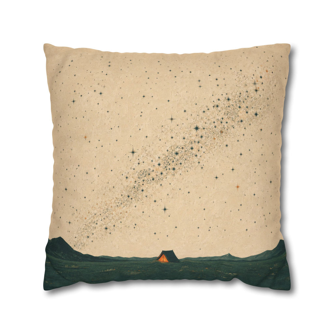 One Tent, Ten Thousand Stars – Outdoor Wall Art with a Glowing Shelter at Night – Pillow / Cover