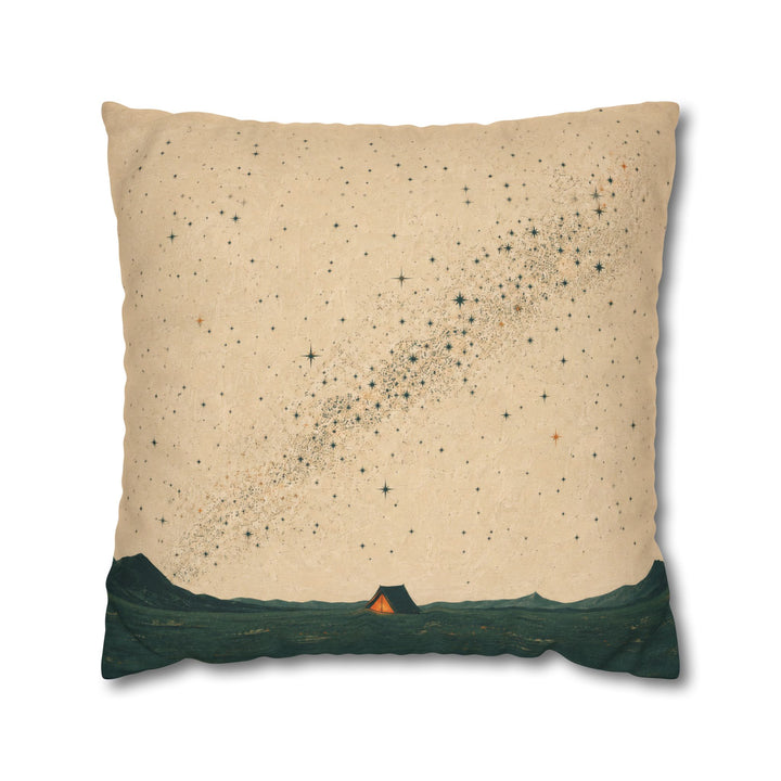 One Tent, Ten Thousand Stars – Outdoor Wall Art with a Glowing Shelter at Night – Pillow / Cover