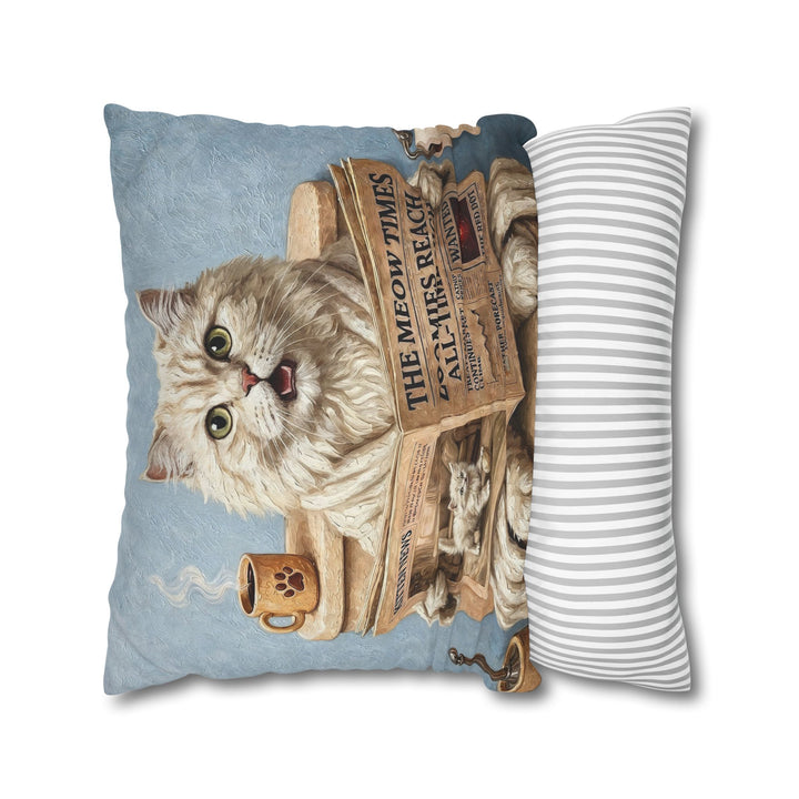 "Morning Business" - Fluffy White Cream Longhair Throw Pillow - Cat Lover Home Decor