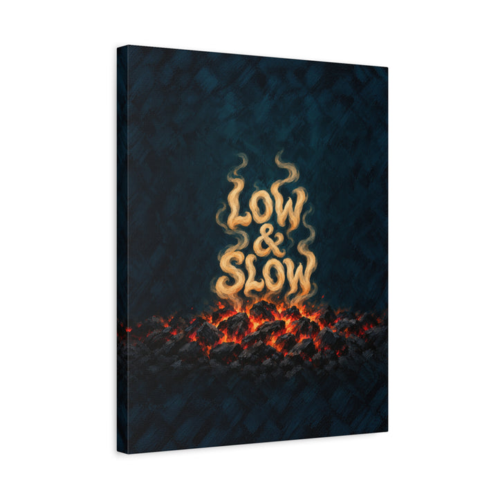 Low & Slow – Grill Art with Smoke Curl Lettering Over Embers – Canvas / Framed Canvas