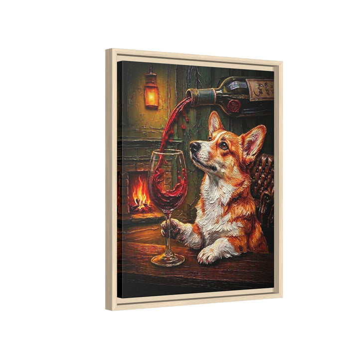 "Wine & Woof" - Corgi Vertical Framed Canvas - Dog Lover Wall Art
