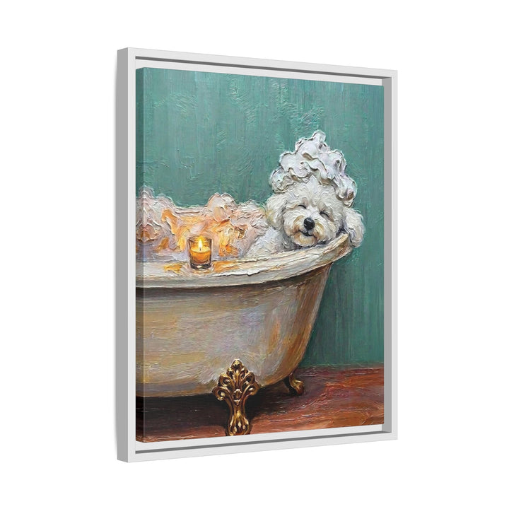 "Spa Day" - Bichon Frise Vertical Framed Canvas - Dog Lover Wall Art