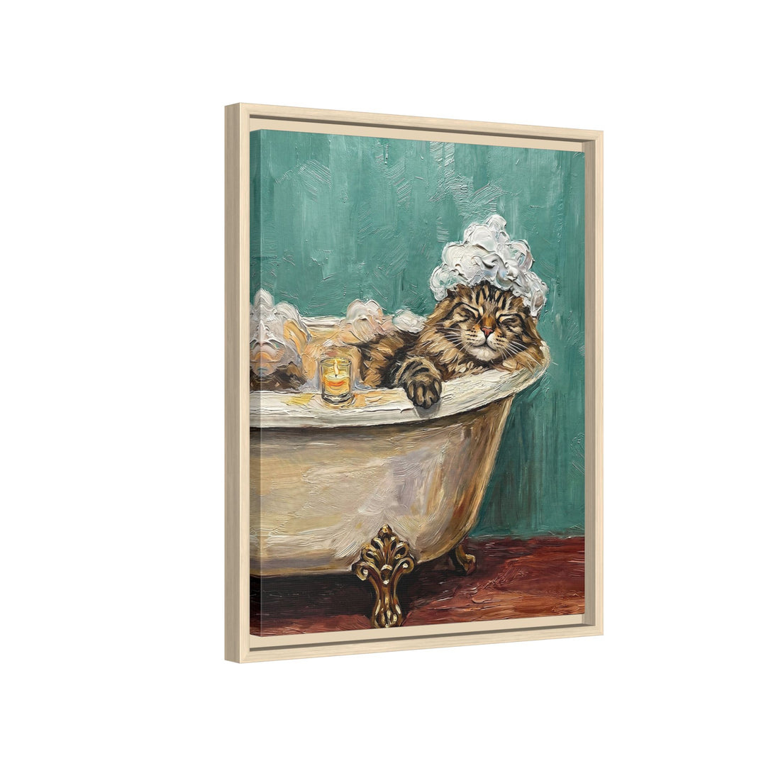 "Spa Day" - Fluffy Tabby Longhair Vertical Framed Canvas - Cat Lover Wall Art