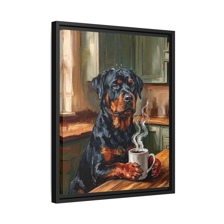 "Before Coffee" - Rottweiler Vertical Framed Canvas - Dog Lover Wall Art