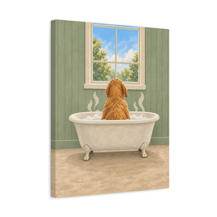 The Sunday Soak – Dog Bathroom Art with a Back View in a Clawfoot Tub – Canvas / Framed Canvas