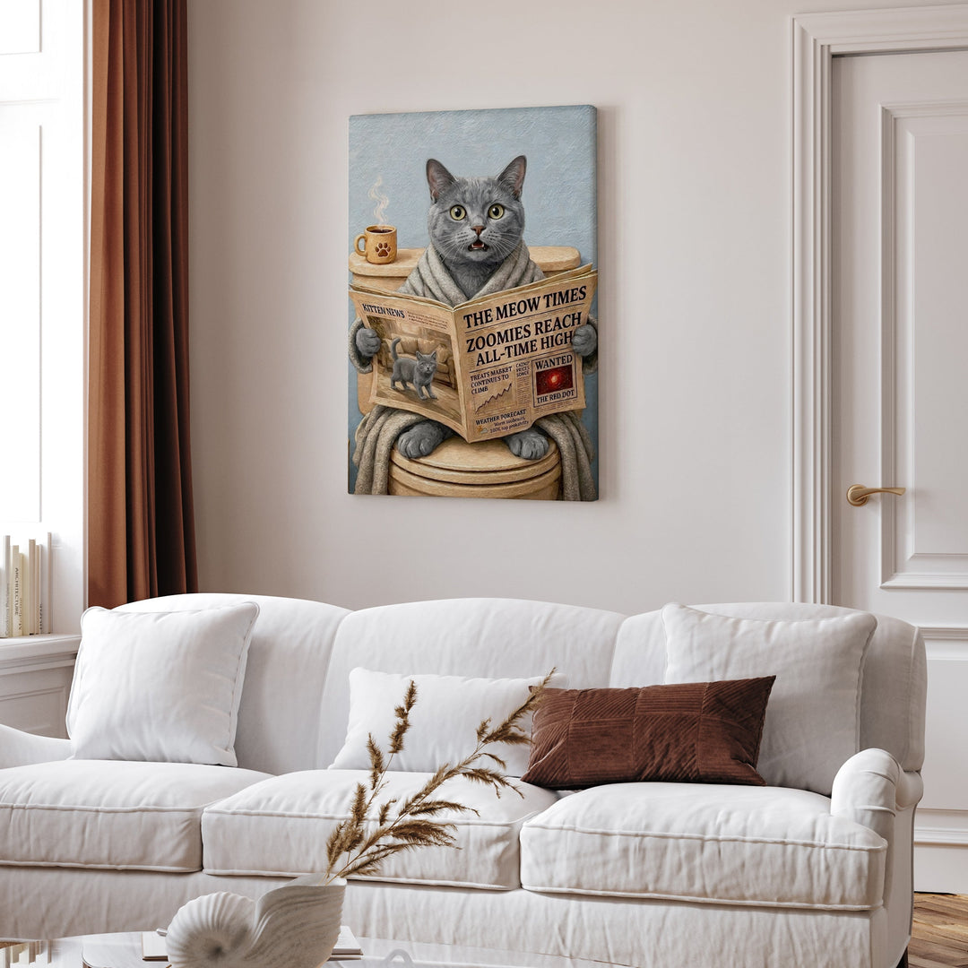 "Morning Business" - Solid Grey Vertical Canvas - Cat Lover Wall Art