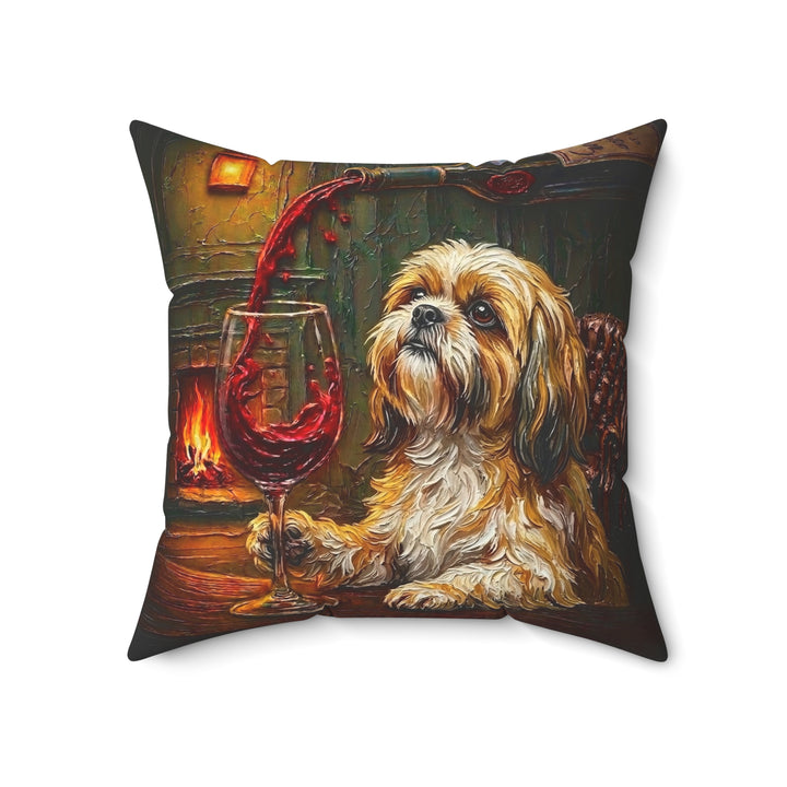 "Wine & Woof" - Shih Tzu Throw Pillow - Dog Lover Home Decor