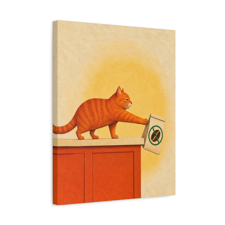 Decaf Doesn't Count – Coffee Wall Art with a Cat and a Doomed Coffee Bag – Canvas / Framed Canvas