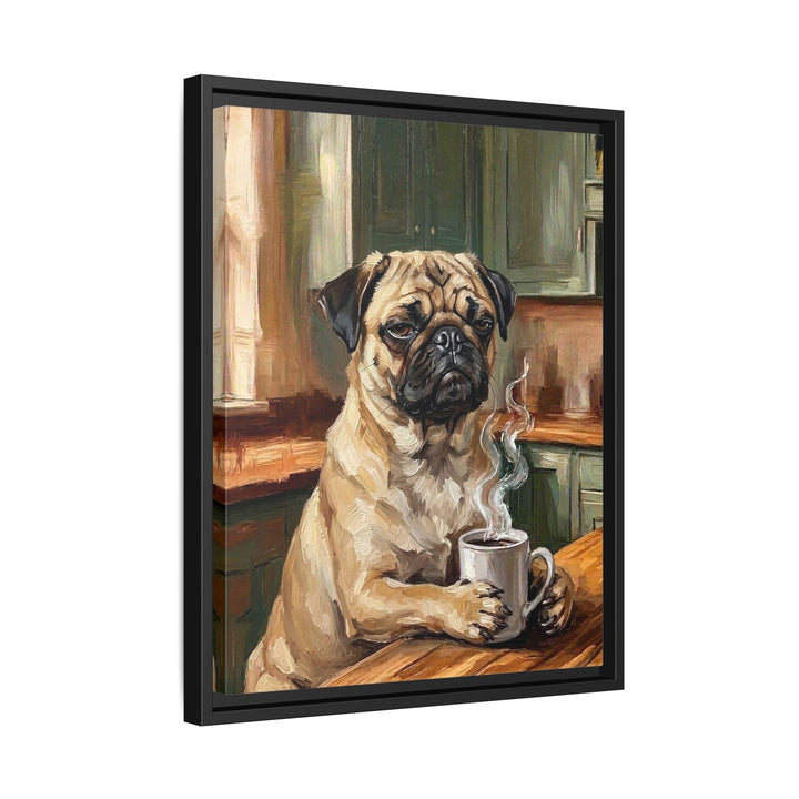 "Before Coffee" - Pug Vertical Framed Canvas - Dog Lover Wall Art