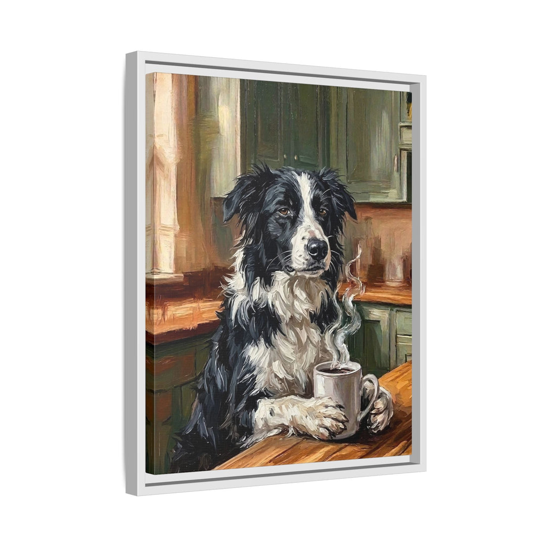 "Before Coffee" - Border Collie Vertical Framed Canvas - Dog Lover Wall Art