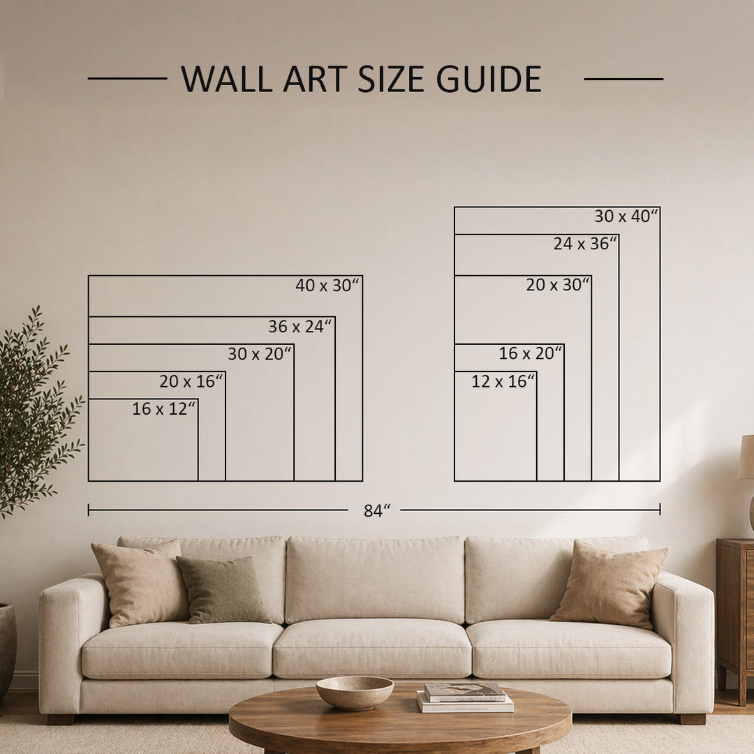 a wall art size guide for wall art, with two rectangular frames labeled with different sizes and dimensions. The guide provides a visual representation of the sizes of the wall art pieces, allowing viewers to understand the scale and proportions of the artwork.