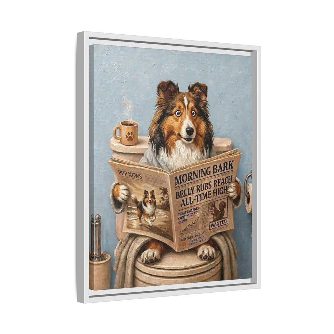 "Morning Business" - Shetland Sheepdog Vertical Framed Canvas - Dog Lover Wall Art