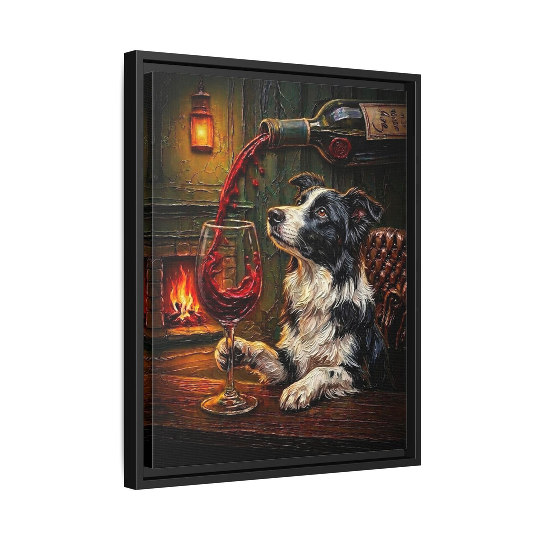 "Wine & Woof" - Border Collie Vertical Framed Canvas - Dog Lover Wall Art
