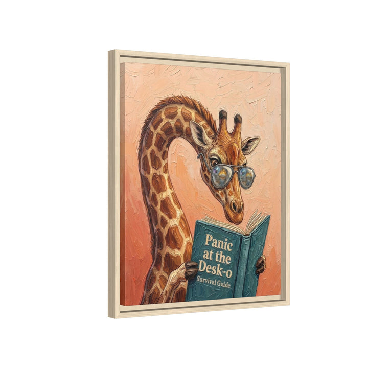 "Panic at the Desk O" - Giraffe Vertical Framed Canvas - Animal Book Humor Wall Art
