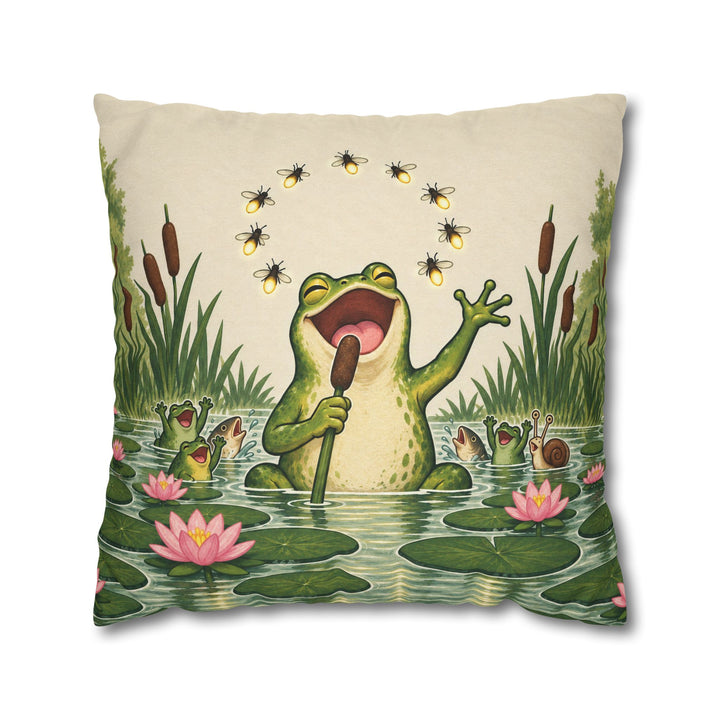 Pond Karaoke – Frog Art with a Reed Microphone and Fireflies – Pillow / Cover