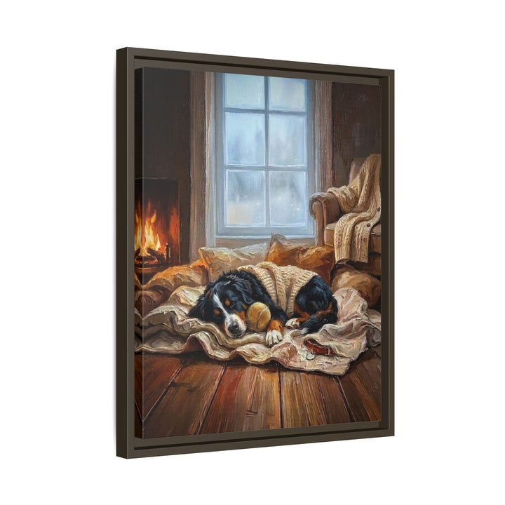 "Calm Memories" - Bernese Mountain Dog Vertical Framed Canvas - Dog Lover Wall Art