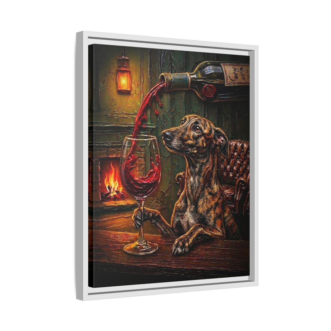"Wine & Woof" - Greyhound Vertical Framed Canvas - Dog Lover Wall Art