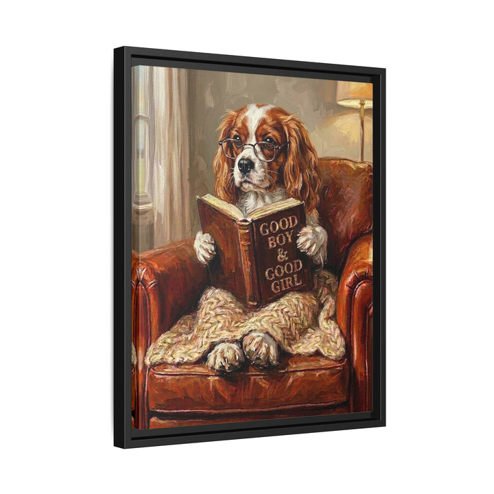 "Evening Read" - Cavalier King Charles Vertical Framed Canvas - Dog Lover Wall Art