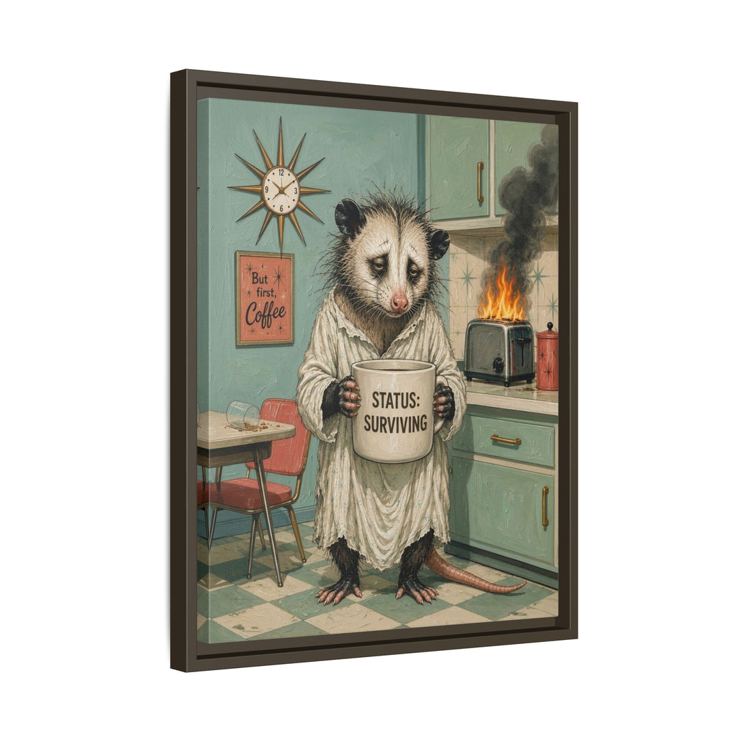 "Status Surviving" - Opossum Vertical Framed Canvas - Dark Burnout Humor Wall Art