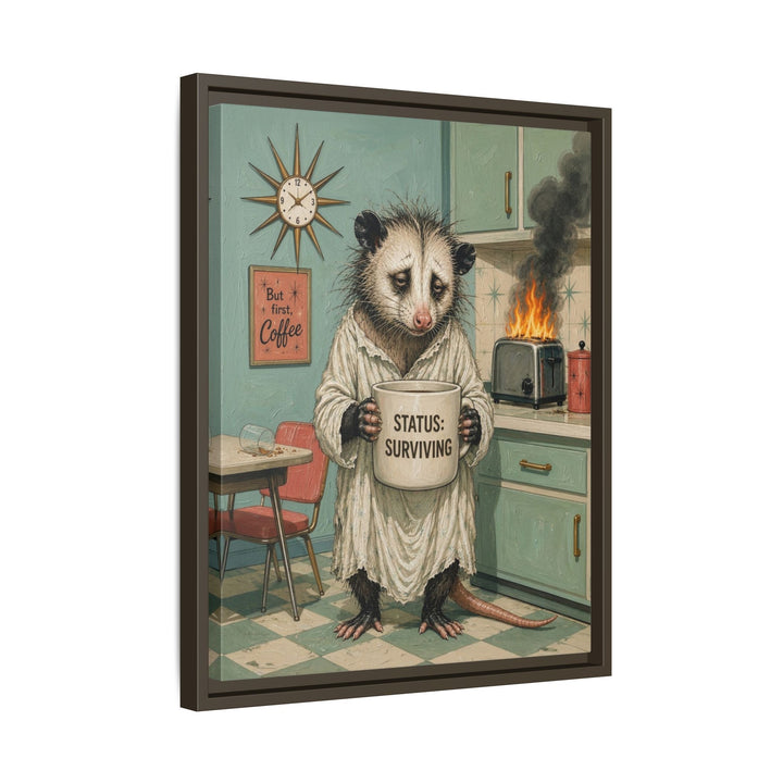 "Status Surviving" - Opossum Vertical Framed Canvas - Dark Burnout Humor Wall Art