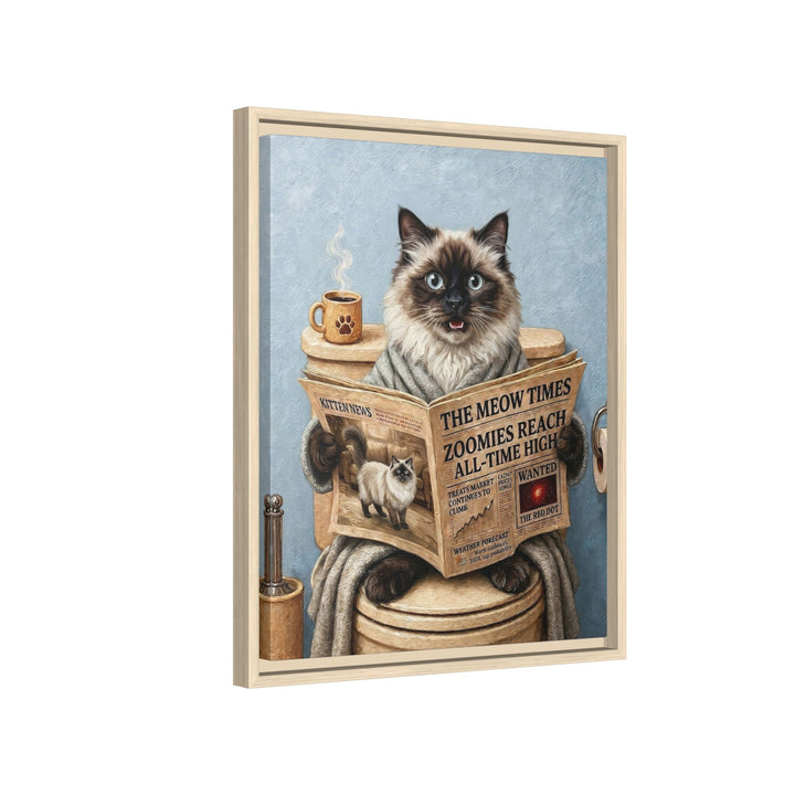 "Morning Business" - Fluffy Colorpoint Vertical Framed Canvas - Cat Lover Wall Art