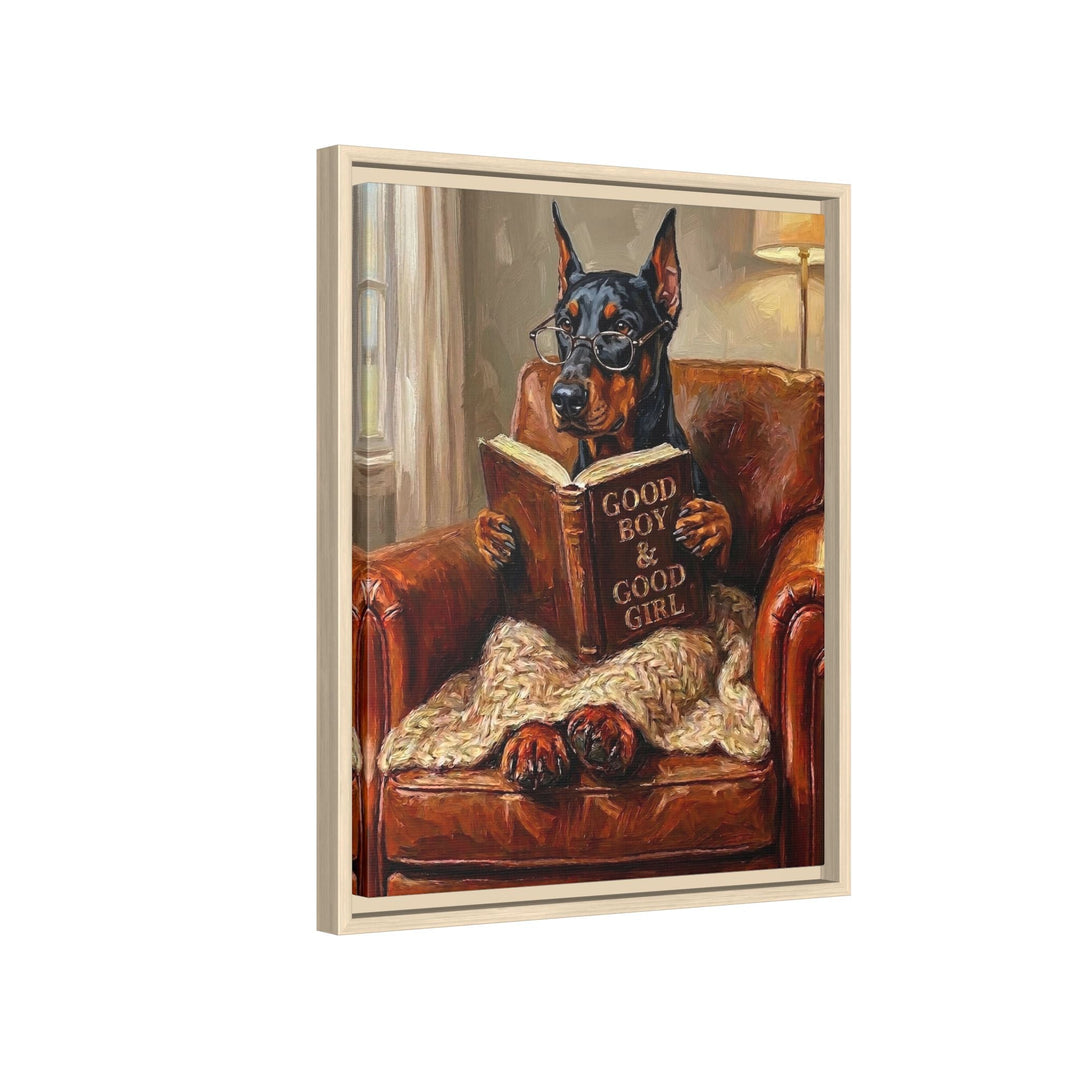"Evening Read" - Doberman Vertical Framed Canvas - Dog Lover Wall Art
