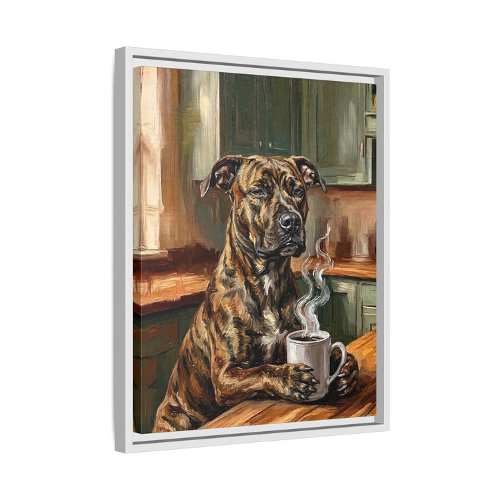 "Before Coffee" - Pit Bull Vertical Framed Canvas - Dog Lover Wall Art