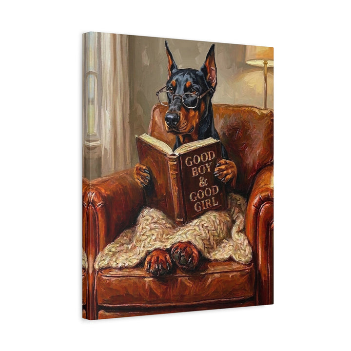 "Evening Read" - Doberman Vertical Canvas - Dog Lover Wall Art